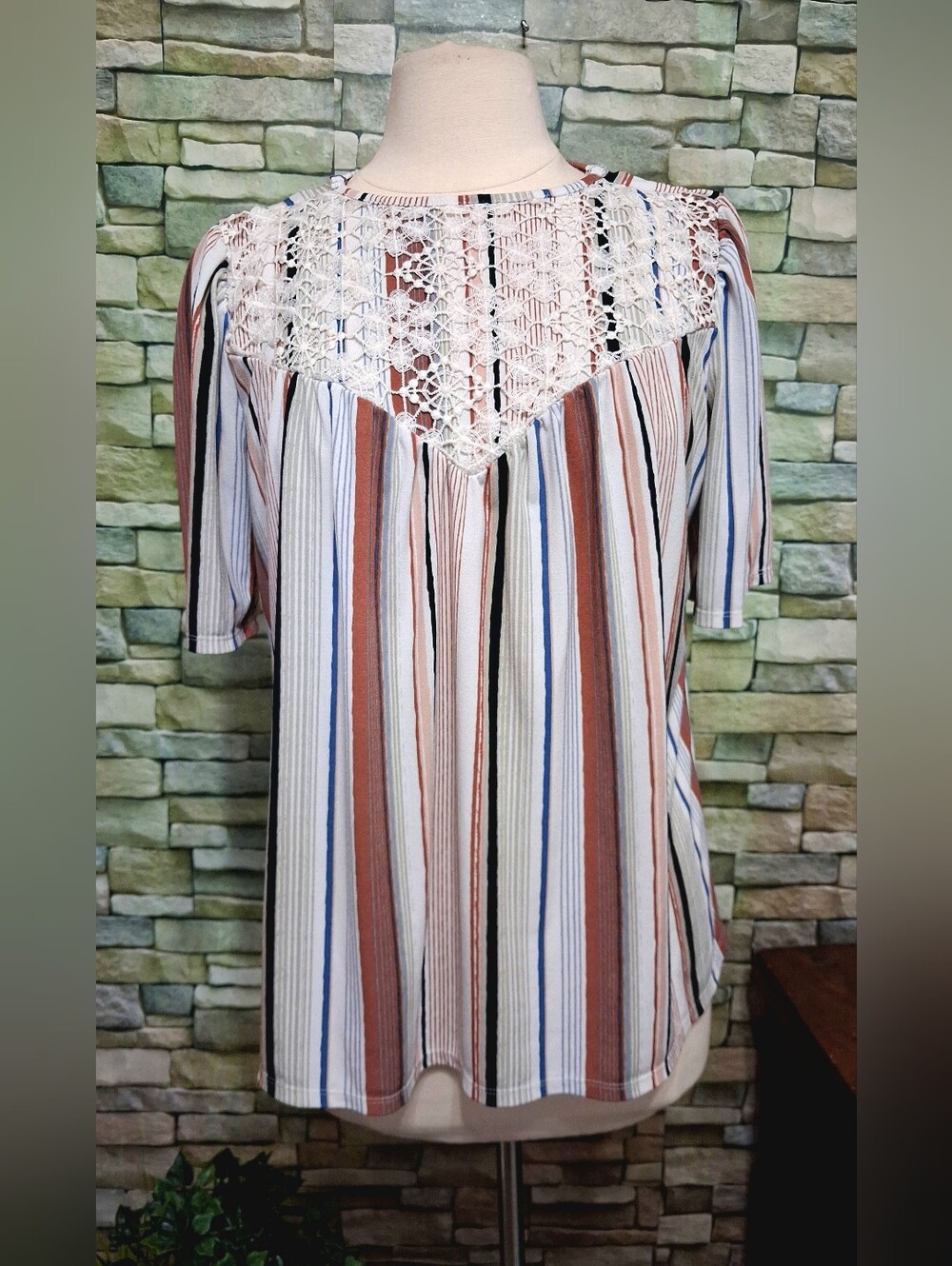 Striped Crochet-Yoke Women's Blouse Multicolor
